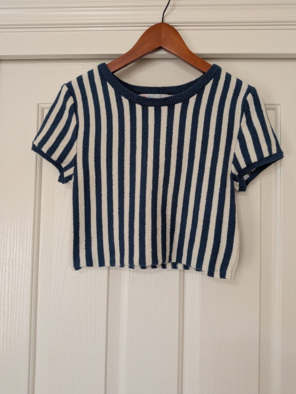 Free People Beach Blue & White Striped Terry Knit Short Sleeve Crop Top Medium